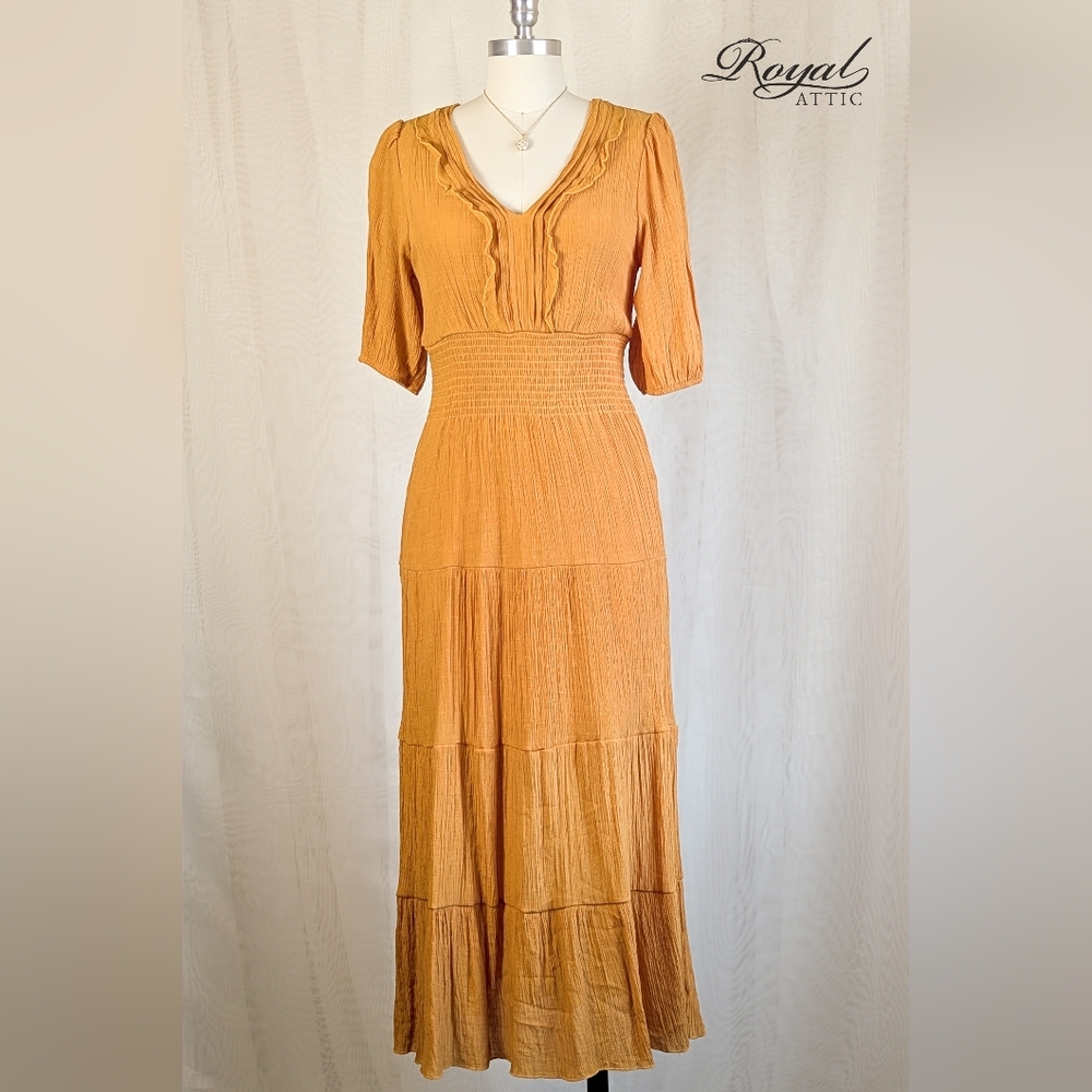 Mustard Yellow Ruffle V-Neck Smocked Waist Tiered Midi Dress